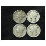 Four Assorted Date Mercury Dimes - Denver Mint