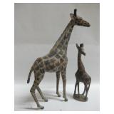 18" Tall Leather Giraffe & 12" Carved Wood Giraffe