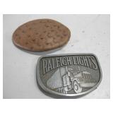 Raleigh Lights & Leather Belt Buckles Pictured