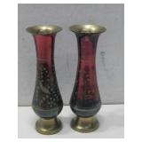 Two Vtg Multi Colored Brass Vases 10.5' See