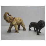 Wood Carved Lion & Resin Elephant Figures See Info