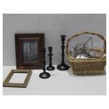 Wicker Basket W/Pictures Frames Candle Holders See