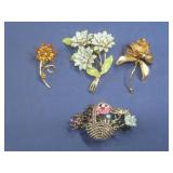 Four Vtg Goldtone Floral Brooches