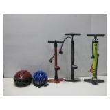 Three Floor Pumps W/ Two Bicycle Helmets