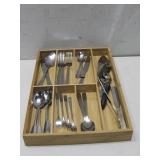 24 Pieces Of Stainless Flatware In Bamboo Tray