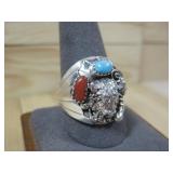 Navajo S.S. Turquoise & Coral Bison Ring