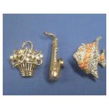 Three Vtg Goldtone Brooches Fish, Saxophone