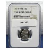 Graded 1981-S Type 2 5 Cent PF69 Ultra Cameo