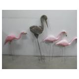 Metal Yard Art Bird W/Three Plastic Pink See Info
