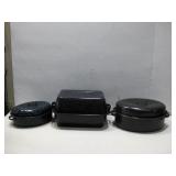 Three Vtg Speckled Enamel Ware Roasting Pans
