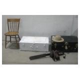 Two Footlockers, Wooden Seat, Hat & Saw See Info