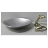 Nambe Dish 563 & Brass Dolphin Figures