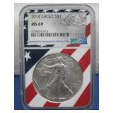 Silver Eagle Graded 2014 NGC MS69 $1 Fine Silver