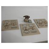 3 - 6" x 6" Sand Paintings & Metal Bear On Stone