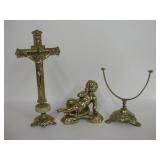 3 Brass Items - Crucifix, Cherub & Frame Holder