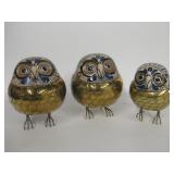 3 Brass & Ceramic Mexico Owls - Signed