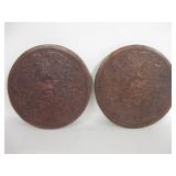 2 Tooled Leather Over Wood Stool Seats 13.5" Dia.