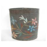 Peruvian Tooled Leather & Wood Basket - 11.5" Tall