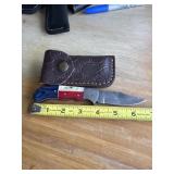 7' DAMASCUS STEEL FOLDING KNIFE WITH LEATHER
