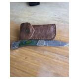 7' DAMASCUS STEEL FOLDING KNIFE WITH LEATHER