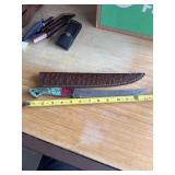 14' DAMASCUS STEEL KNIFE WITH LEATHER SHEATH
