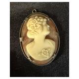 ANTIQUE STERLING, CARVED SHELL CAMEO BROOCH CIRCA