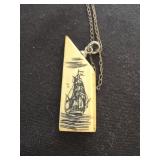 VINTAGE SCRIMSHAW PENDANT, INTRICATELY HAND-CARVED