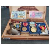 Box of Medals and Foreign money, etc