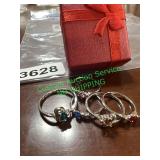 clear, colored stones, five rings, size 5 to 9