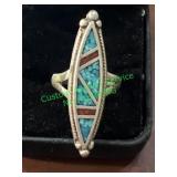 turquoise and red silver tone ring size 7