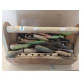 Wooden tool box with miscellaneous tools