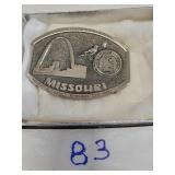 Polished pewter Missouri state buckle