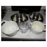 2- Metal Bowls, 2- Plastic Pitchers, Measuring Cup