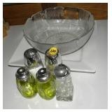 Salt & Pepper Shakers/ Glass Bowl & Plate