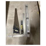 36" LEVEL, FRAMING SQUARE, PRY BAR, HAND SAW