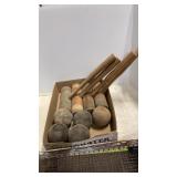 4 short handled mallets & 5 wooden balls