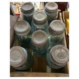 8 GREEN JARS W/ ZINC LIDS