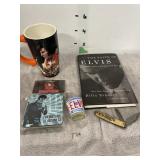 ELVIS BOOK, MUG, SHOT GLASS & KNIFE