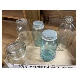 Two Blue Jars w/zinc lids & Milk Bottle