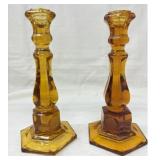 Coin Glass Candlesticks, Fostoria, pair, Amber