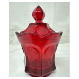 Coin Glass Covered Candy Jar, Fostoria, Ruby Red