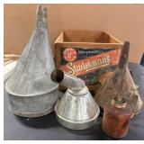 Metal Funnels, Oil Can, & Wooden Fruit Crate
