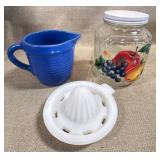 Blue Pitcher, Glass Jar, Glass Reamer, Vtg