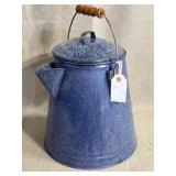 Blue Enamelware Coffee Pot w/Wooden Handle