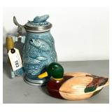 Avon Ceramic Fishing Stein & Duck Covered Dish