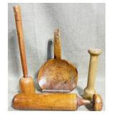 Wooden Paddle Scoop, Mashers lot of 4