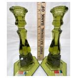 Coin Glass 8' Candlesticks, Fostoria, Olive Green