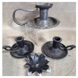 Chamberstick Candle Holder, 2 cast-iron, 2 metal