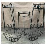 3) Metal Plant Stands & 2 Wire Baskets