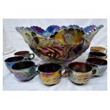 Carnival Glass Punch Bowl w/Miss-matched Cups